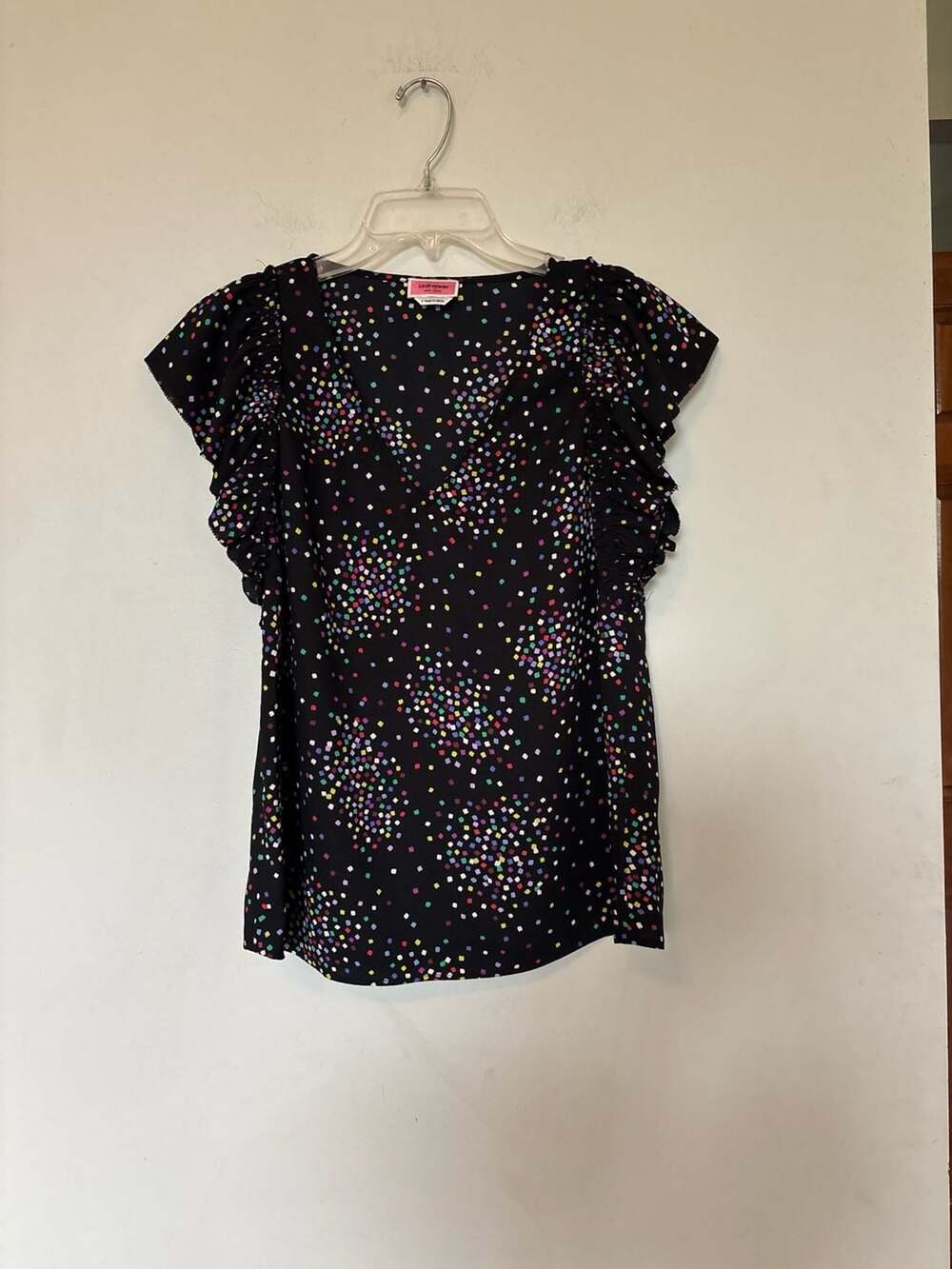 Kate Spade Colorblock Confetti Print Ruffle Sleeve V-Neck Top